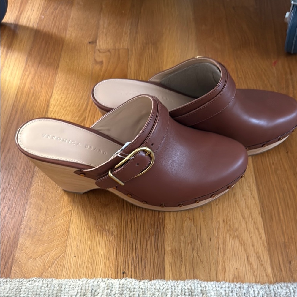 Veronica Beard Brown Leather Mules with Wooden Soles clogs Hendrix